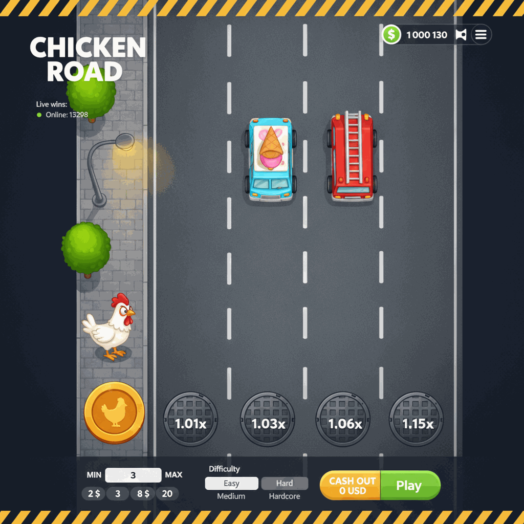 Chicken Road di InOut: un pollo bianco attraversa una strada multi-corsia vista dall'alto con moltiplicatori crescenti su ogni corsia, gioco crash istantaneo con grafica notturna e automobili in movimento